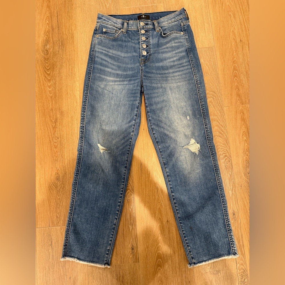 7 for All Mankind Women’s High Waist Cropped Straight Blue Denim Jeans